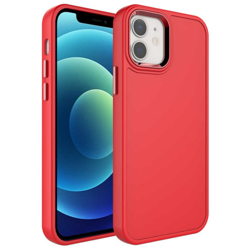iPhone 12 Uyumlu Metal Çerçeve ve Buton Tasarımlı Sert MKST Botox Kılıf-Kırmızı