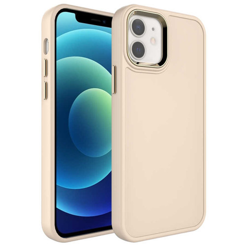 iPhone 12 Uyumlu Metal Çerçeve ve Buton Tasarımlı Sert MKST Botox Kılıf-Krem