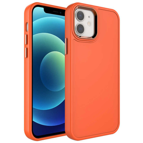 iPhone 12 Uyumlu Metal Çerçeve ve Buton Tasarımlı Sert MKST Botox Kılıf-Turuncu