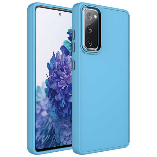 Galaxy S20 FE Uyumlu Metal Çerçeve ve Buton Tasarımlı Silikon MKST Luna Kılıf-Sierra Mavi