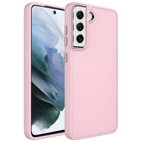 Galaxy S21 FE Uyumlu Metal Çerçeve ve Buton Tasarımlı Silikon MKST Luna Kılıf-Pembe