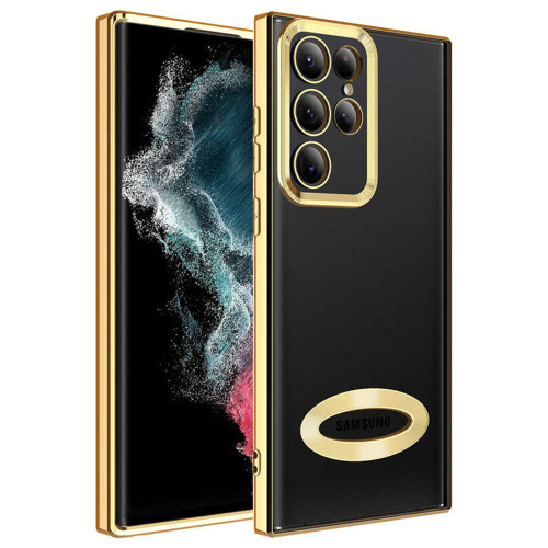 Galaxy S22 Ultra Uyumlu Kamera Korumalı Logo Gösteren MKST Omega Kılıf-Gold