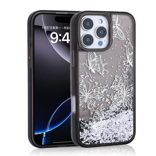 iPhone 15 Pro Max Kılıf Sıvılı Simli Kelebek Baskılı Şeffaf Arka Yüzey MKST Glis Silikon Kapak - Siy