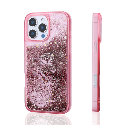 iPhone 16 Pro Kılıf Sıvılı Simli Şeffaf Arka Yüzey MKST Keto Silikon Kapak - Pembe
