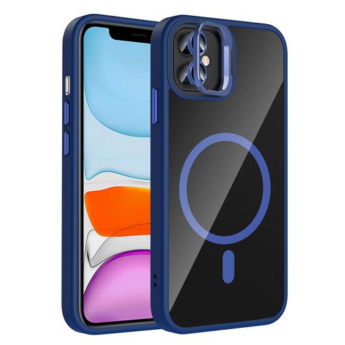 iPhone 11 Kılıf Standlı ve Kamera Lens Hediyeli M-Safe Şarj Özellikli MKST Etro Kapak - Lacivert