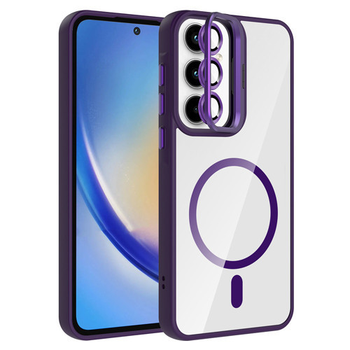 Galaxy A55 Kılıf Standlı ve Kamera Lens Hediyeli M-Safe Şarj Özellikli MKST Etro Kapak - Derin Mor