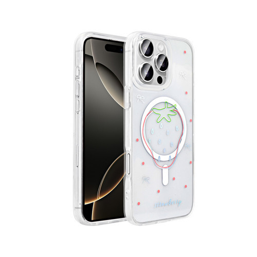 iPhone 16 Pro Kılıf M-Safe Şarj Özellikli Şeffaf Zore Folk Sert Kapak - Çilek