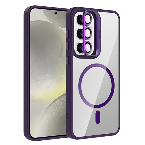 Galaxy S24 Kılıf Standlı ve Kamera Lens Hediyeli M-Safe Şarj Özellikli MKST Etro Kapak - Derin Mor