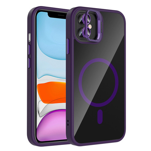 iPhone 11 Kılıf Standlı ve Kamera Lens Hediyeli M-Safe Şarj Özellikli MKST Etro Kapak - Derin Mor