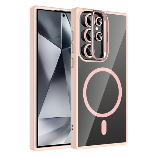 Galaxy S24 Ultra Kılıf Standlı ve Kamera Lens Hediyeli M-Safe Şarj Özellikli MKST Etro Kapak - Pembe