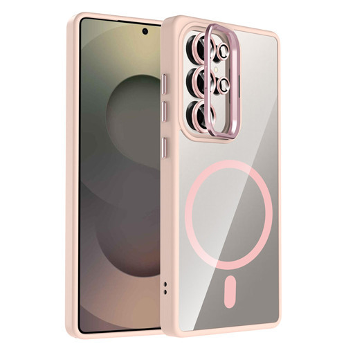 Galaxy S25 Ultra Kılıf Standlı ve Kamera Lens Hediyeli M-Safe Şarj Özellikli MKST Etro Kapak - Pembe