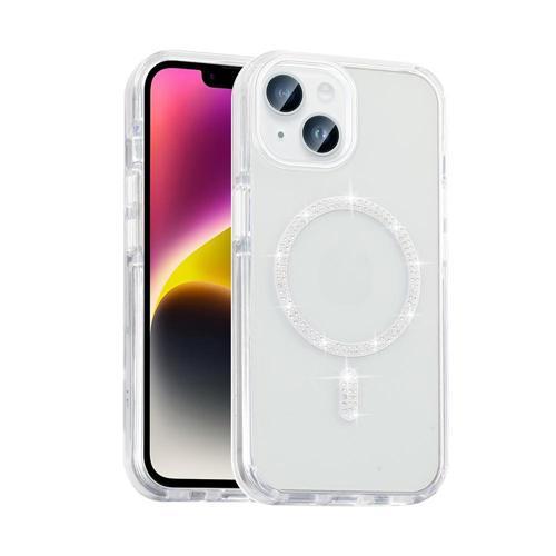 iPhone 14 Kılıf Taşlı Tasarım M-safe Şarj Özellikli Zore Koment Silikon Kapak - Gümüş