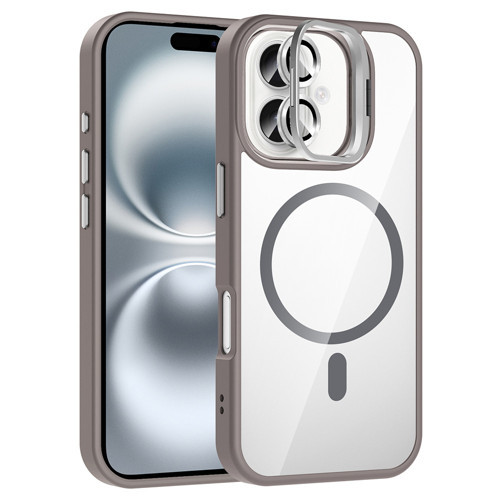 iPhone 16 Kılıf Standlı ve Kamera Lens Hediyeli M-Safe Şarj Özellikli MKST Etro Kapak - Gri