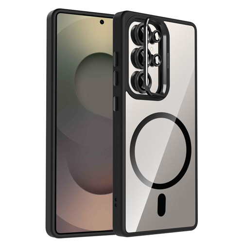 Galaxy S25 Ultra Kılıf Standlı ve Kamera Lens Hediyeli M-Safe Şarj Özellikli MKST Etro Kapak - Siyah