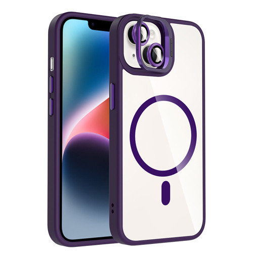 iPhone 14 Kılıf Standlı ve Kamera Lens Hediyeli M-Safe Şarj Özellikli MKST Etro Kapak - Derin Mor