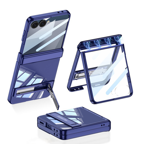 Galaxy Z Flip 7 Kılıf Kamera Korumalı Şeffaf Tasarımlı MKST Standlı Kapak - Lacivert