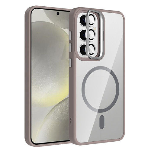 Galaxy S24 Kılıf Standlı ve Kamera Lens Hediyeli M-Safe Şarj Özellikli MKST Etro Kapak - Gri
