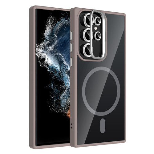 Galaxy S23 Ultra Kılıf Standlı ve Kamera Lens Hediyeli M-Safe Şarj Özellikli MKST Etro Kapak - Gri