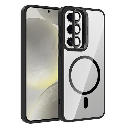 Galaxy S24 FE Kılıf Standlı ve Kamera Lens Hediyeli M-Safe Şarj Özellikli MKST Etro Kapak - Siyah