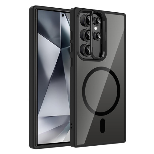 Galaxy S24 Ultra Kılıf Standlı ve Kamera Lens Hediyeli M-Safe Şarj Özellikli MKST Etro Kapak - Siyah