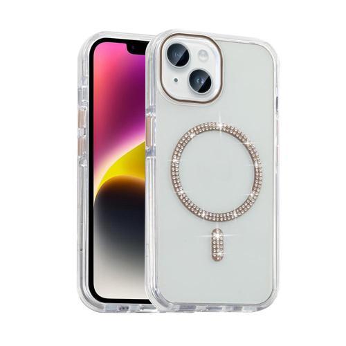 iPhone 14 Kılıf Taşlı Tasarım M-safe Şarj Özellikli Zore Koment Silikon Kapak - Gold