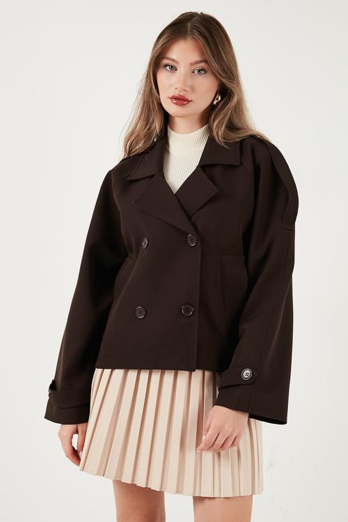 Regular Fit Kruvaze Yaka Düğmeli Astarlı Ceket Bayan Mont 6524955 KAHVE