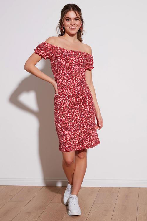 Çiçek Desenli Carmen Yaka Bayan Elbise 5863700 KIRMIZI
