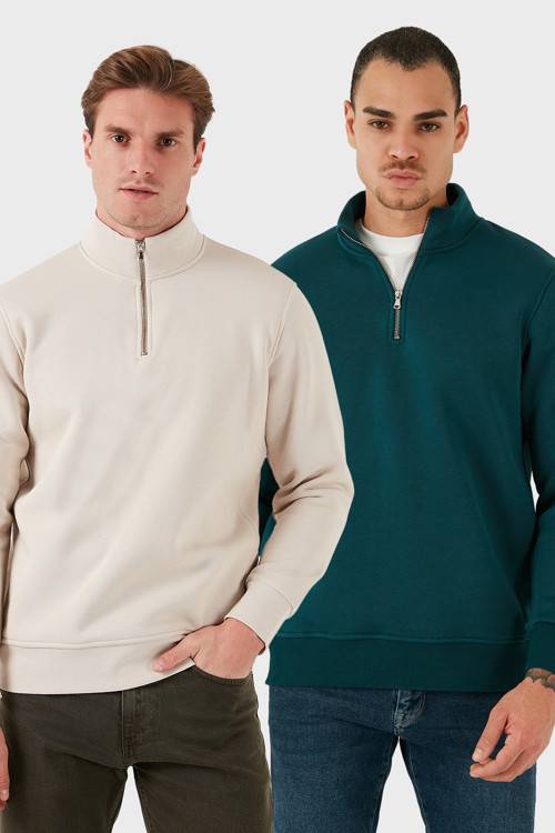 Pamuklu Regular Fit Dik Yaka 2'li Paket Erkek Sweat 59052592S2 PETROL-KUM