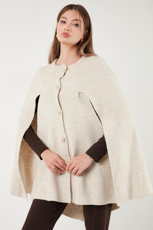 Oversize Fit Bisiklet Yaka Pelerin Kol Düğmeli Bayan Panço 4617015 TAŞ