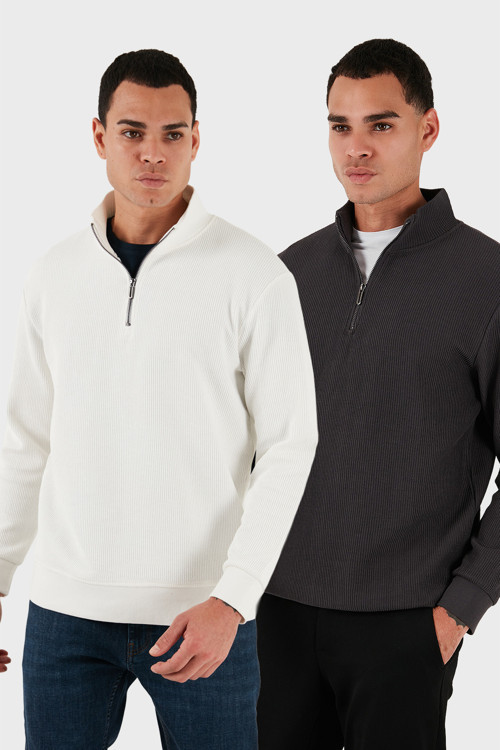 Pamuklu Regular Fit Yarım Fermuarlı Dik Yaka 2'li Paket Erkek Sweat 5905716S2 Antrasit-Ekru