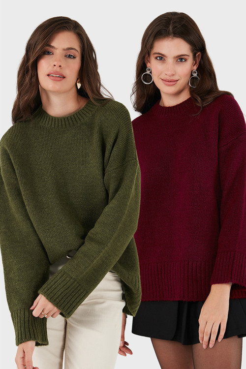 Regular Fit Bisiklet Yaka Basic 2'li Paket Triko Bayan Kazak 4616213S2 BORDO-HAKİ