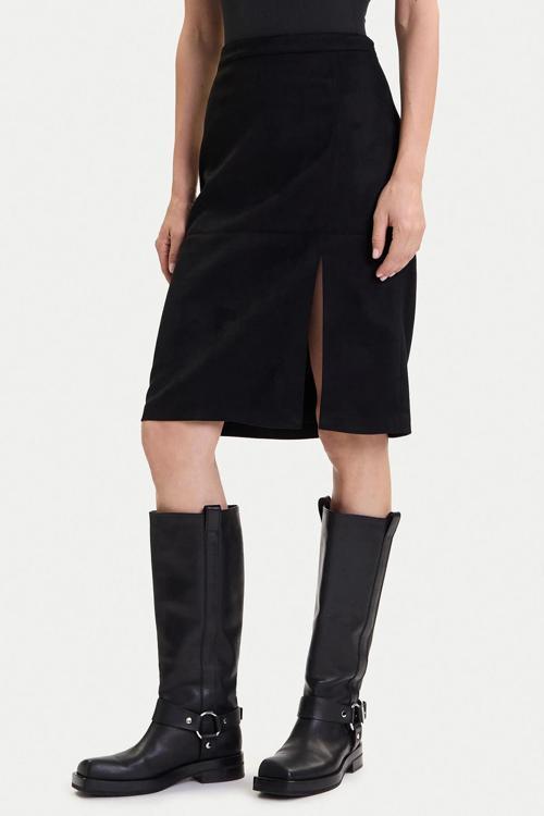 Onloline Regular Fit Suni Deri Yırtmaçlı Bayan Etek 15357433 SİYAH