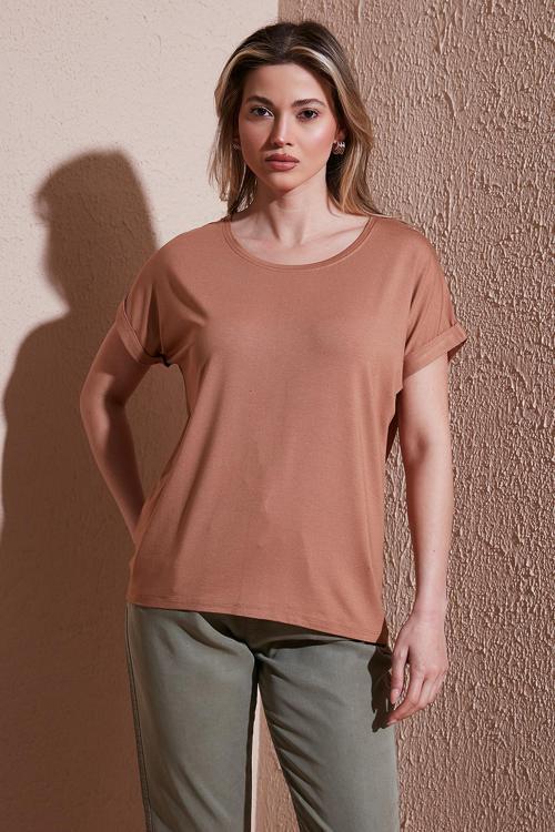 Streç Regular Fit Yuvarlak Yaka Bayan Bluz 25Y0194K1 KAHVE