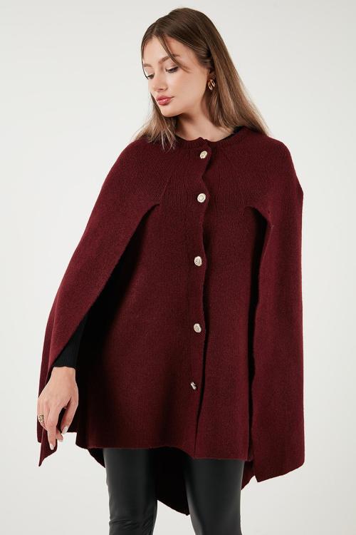 Oversize Fit Bisiklet Yaka Pelerin Kol Düğmeli Bayan Panço 4617015 BORDO