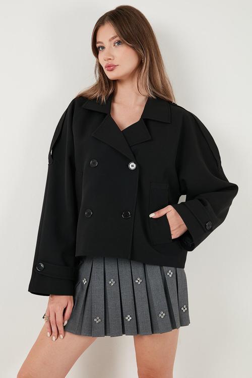 Regular Fit Kruvaze Yaka Düğmeli Astarlı Ceket Bayan Mont 6524955 SİYAH