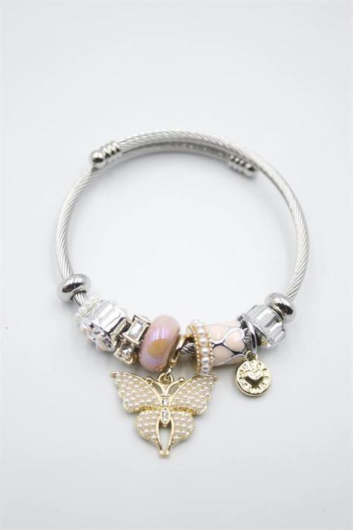 Çelik Charmlı Kelebek Bileklik - Pembe