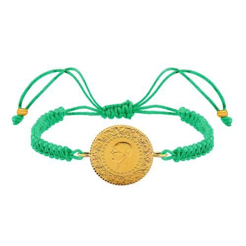 22 Ayar Yeni Çeyrek Altın Yeşil Renkli İpli Bileklik