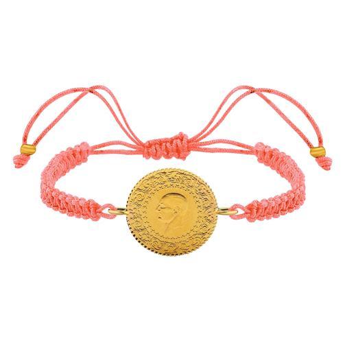 22 Ayar Yeni Çeyrek Altın Açık Pembe Renkli İpli Bileklik