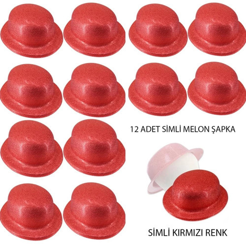 BFS Kırmızı Renk Simli Melon Yuvarlak Parti Şapkası 12 Adet