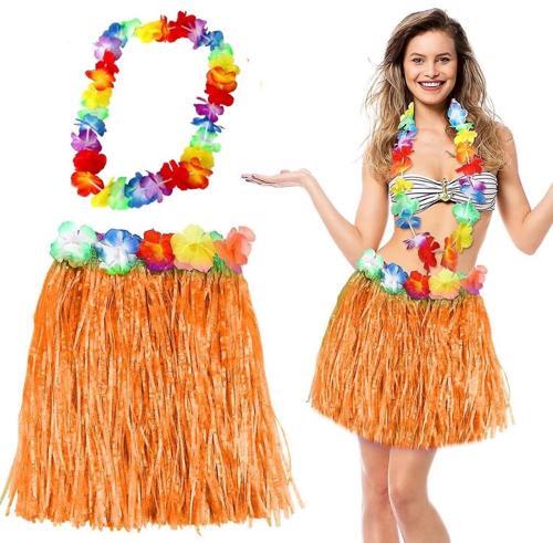 BFS   Hawaii Luau Aloha Turuncu Püsküllü 40 cm Etek ve Hawaii Kolye Seti
