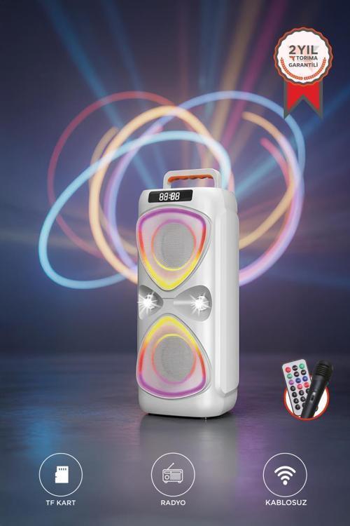 TORIMA D78 Beyaz Kablosuz Bluetooth Hoparlör Mikrofonlu LED Işıklı 8W+8W Parti Speaker