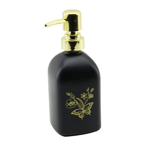 Cam Kare - Siyah Şişe--sarı Kelebek-çiçek Desen Sıvı Sabunluk 400ml Gold Plastik Pompa