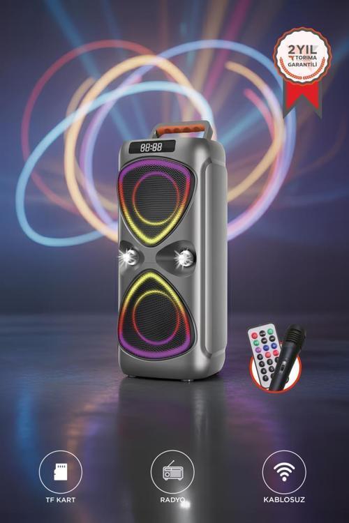 TORIMA D78 Gri Kablosuz Bluetooth Hoparlör Mikrofonlu LED Işıklı 8W+8W Parti Speaker