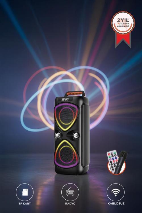 TORIMA D78 Siyah Kablosuz Bluetooth Hoparlör Mikrofonlu LED Işıklı 8W+8W Parti Speaker