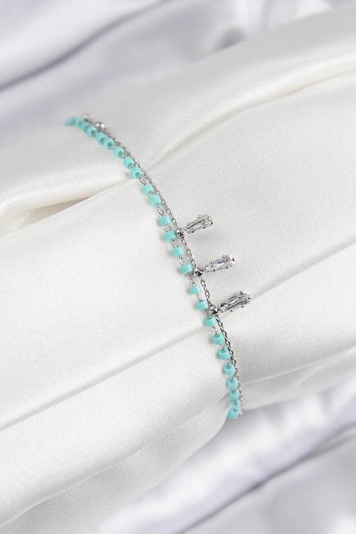 BFS Pirinç Zirkon Taşlı Mavi Boncuklu Model Gümüş Renk Kadın Bileklik