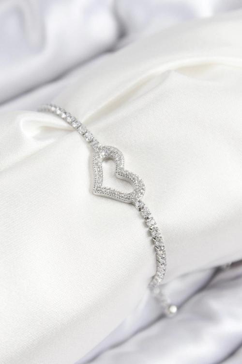 BFS Pirinç Zirkon Taşlı Kalp Model Gümüş Renk Asansörlü Kadın Bileklik