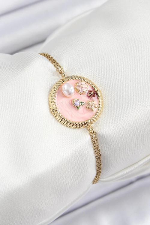 BFS 316L Çelik Zincir Pembe Mineli Sanatsal Portre İnci Detaylı Çiçek Model Gold Renk Kadın Bileklik