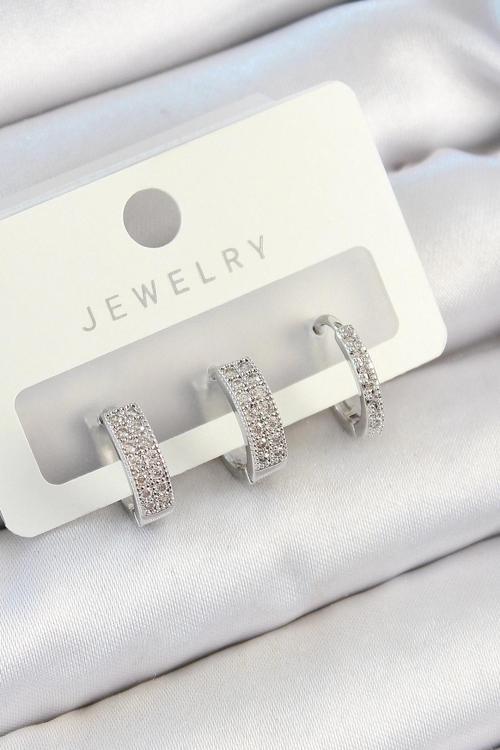 BFS Pirinç Zirkon Taşlı Halka Model Gümüş Renk 3'lü Çift Kadın Küpe Set