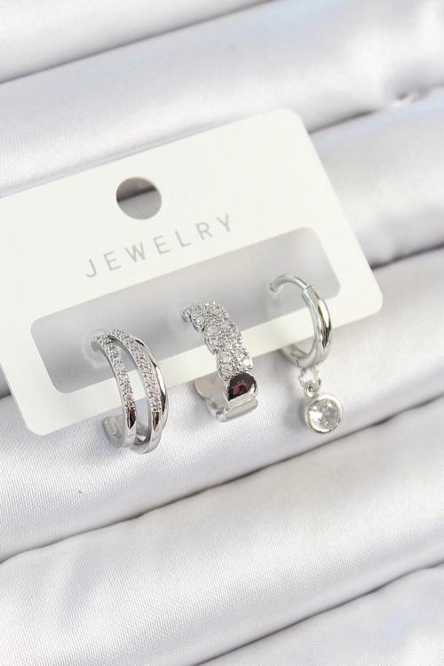 BFS Pirinç Zirkon Taşlı Halka Model Gümüş Renk 3'lü Çift Kadın Küpe Set