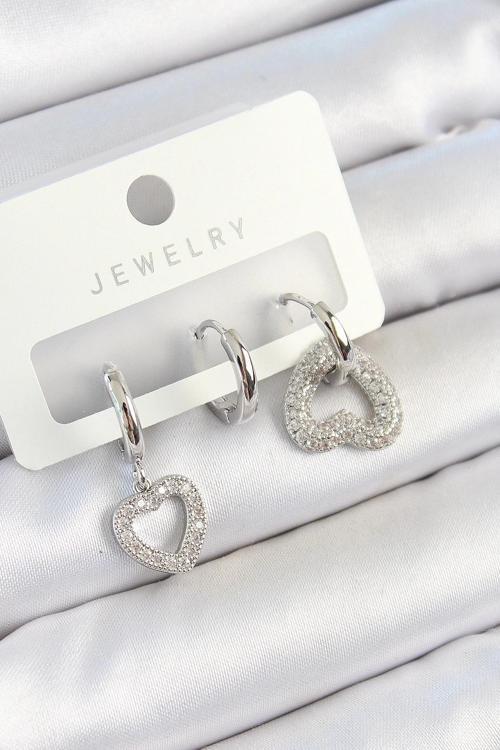 BFS Pirinç Zirkon Taşlı Kalp Model Gümüş Renk 3'lü Çift Kadın Küpe Set